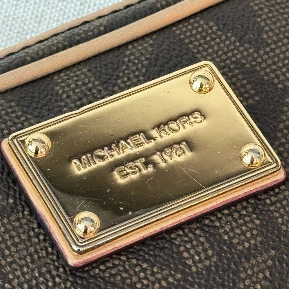 Michael Kors Dark Brown Monogram Camera Crossbody Bag with Gold Accents